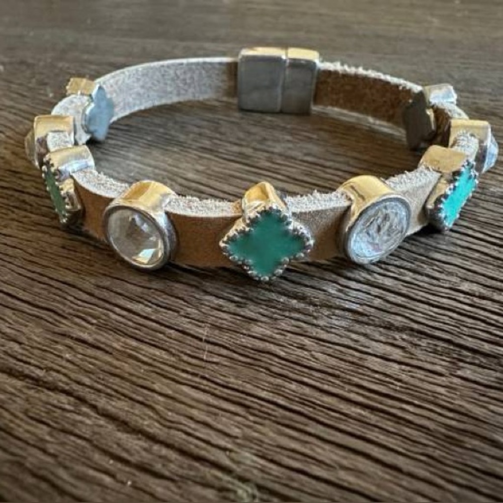 Brown leather Bracelet with crystal slider charms